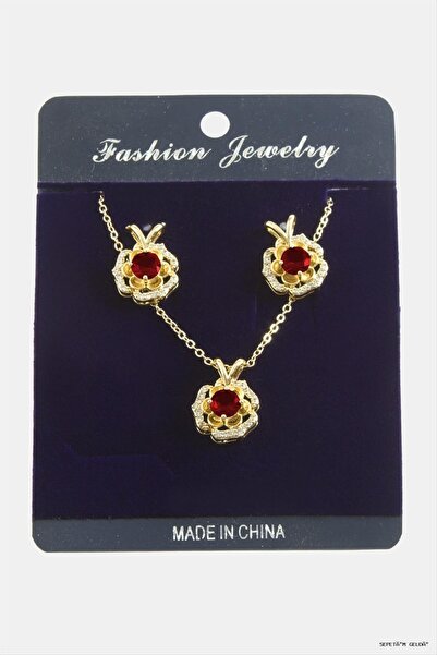 ZERO LAND Spt-Gld Flower Zircon Stone Set (42308) Necklace Red