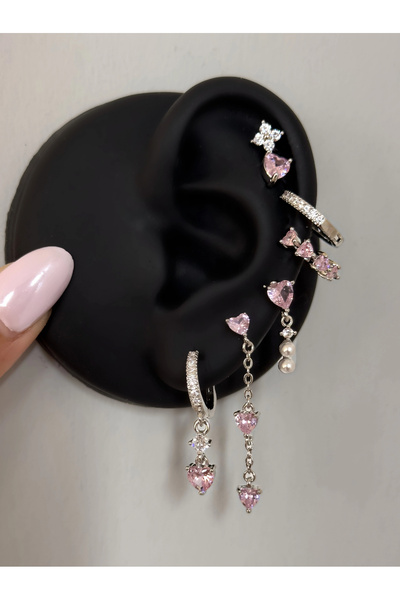 h&b design jewel Silver Pink Heart Detailed 6-Piece Earring Set