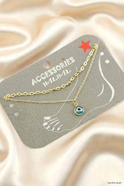 ZERO LAND Spt-Gld Nazar Dikdörtgen Double Chain (44441) Anklet Turquoise