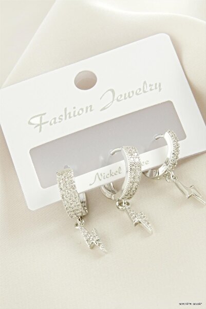 ZERO LAND Spt-Gld 3 Pieces Lightning Zircon Stone Earrings (45743) Silver Color