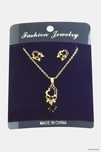 ZERO LAND Spt-Gld Heart Fiyong Zircon Stone Set (42322) Necklace Black