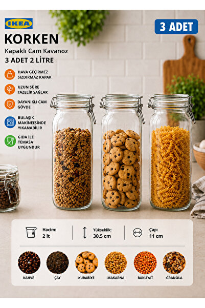 IKEA TREV 3 Adet 2 LT Kapaklı Cam Kavanoz Seti Vakumlu Contalı Sızdırmaz Hava...