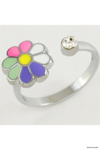ZERO LAND Spt-Gld Daisy Enamel and Stone Joint Ring 1 Piece (51913) Silver Color