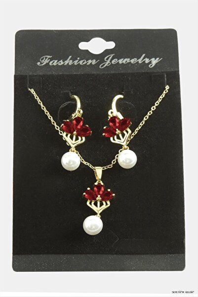 ZERO LAND Spt-Gld Flower Pearl Zircon Stone Set (53000) Necklace Red