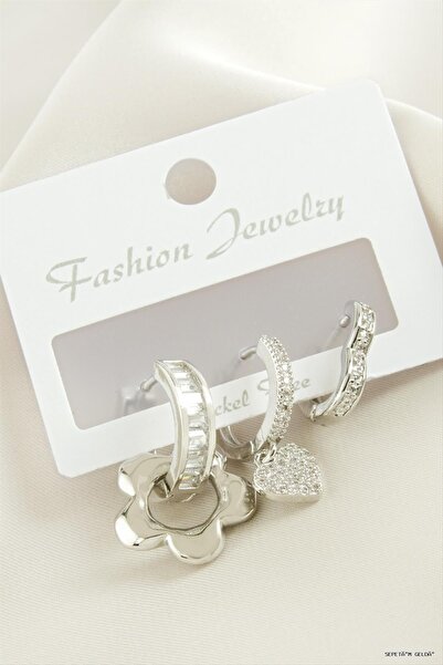 ZERO LAND Spt-Gld 3 Pieces Flower Zircon Stone Earrings (45741) Silver Color