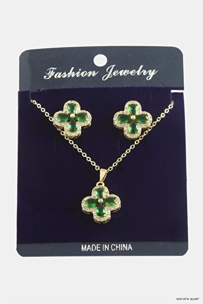 ZERO LAND Spt-Gld Flower Zircon Stone Set (50340) Necklace Green