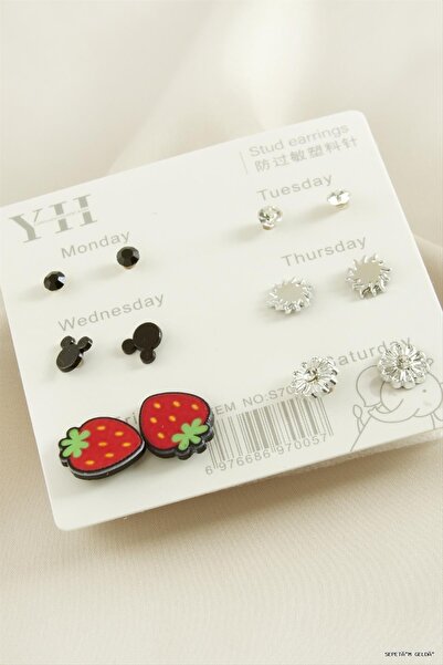 ZERO LAND Spt-Gld 12 Pieces Strawberry Metal Stone Earrings (45501) Silver Color