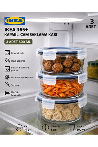 IKEA TREV 3 Adet 600 ML Cam Saklama Kabı Yuvarlak Vakumlu Sızdırmaz Hava Geçi...