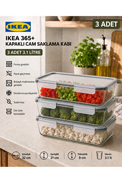 IKEA TREV 3 Adet 3.1 LT Cam Saklama Kabı Vakumlu Sızdırmaz Hava Geçirmez Plas...