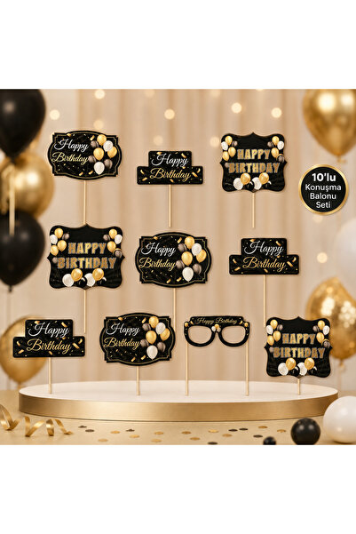 Doğasüs Siyah Gold Happy Birthday 10 lu Konuşma Balonu