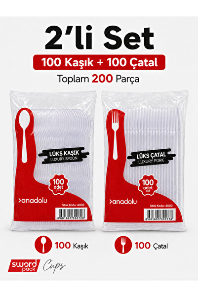 sword pack Lüks Plastik Çatal Kaşık Seti 100'lü - Dayanıklı Kullan At Yemek S...