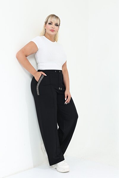 Esina Steel Fabric Wide Leg Sweatpants with Stone Detail