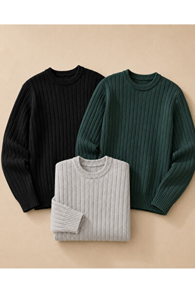OTAKU Men's 3-Piece Casual Crew Neck Ribbed Knit Sweater