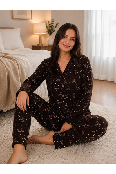 Vesperia Women's Suede Bow Patterned Buttoned Pajama Set