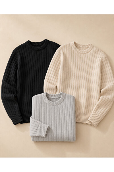 OTAKU Men's 3-Piece Casual Crew Neck Ribbed Knit Sweater