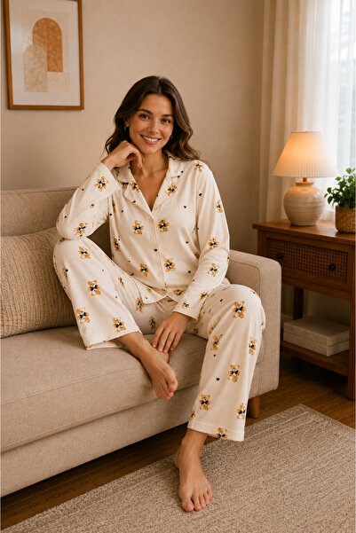 Vesperia Kadın Cares Kumaş Ayıcık Desenli Düğmeli Uzun Kollu Pijama Takımı