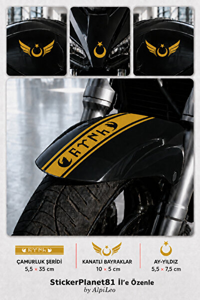 AlpiLeo Motorcycle Fender Sticker Set – Turkish Written Stripe, Winged Moon S...