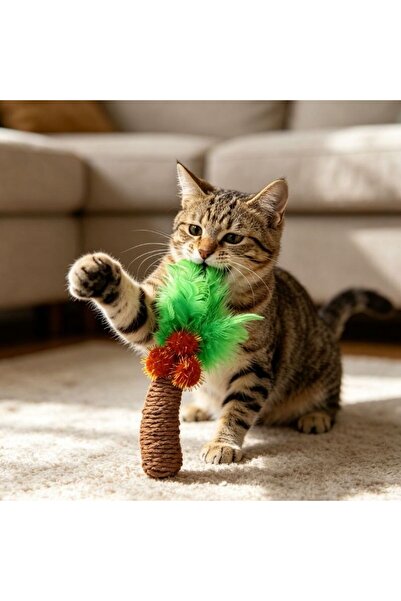idei Palm tree shaped cat toy with green feathers L16*W5 cm, interactive chew...