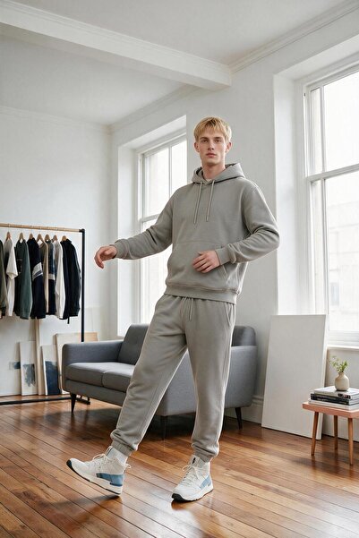 ELAFRO Men's Gray 3 Thread Hooded Fleece Inside 2-Piece Tracksuit Set