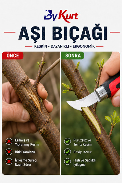 ByKurt Aşı Bıçağı Katlanabilir Ergonomik Saplı Bağ Bahçe Budama Bıçağı 21 cm