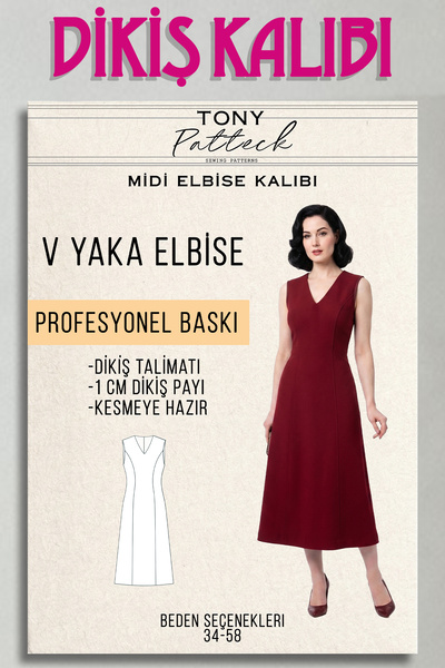 Tony Patteck V Yaka Midi Elbise (EL14) - Hazır Dikiş Kalıbı (34-58 Beden Seçe...