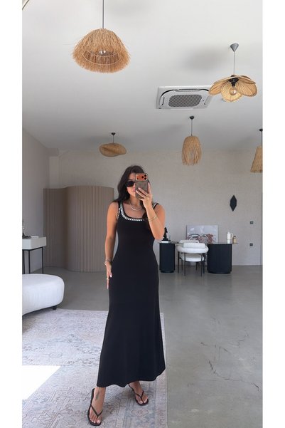 Buket Teke Black Studded U-Neck Cotton Dress