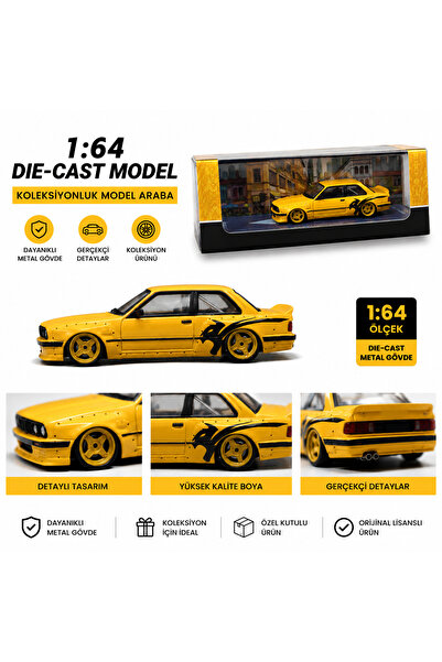 PANDERM-PANDERM BMW E30 V1 Sarı Metal 1:64 Ölçek Model Araba