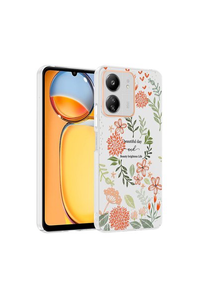 zore Xiaomi Poco C65 Case Flower and Bow Pattern Camera Raised Brsa Premium