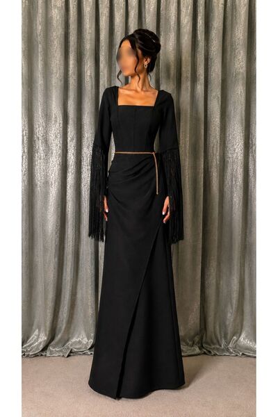 ELORA FASHION فستان سهرة أسود بأكمام شراشيب وحزام ذهبي.