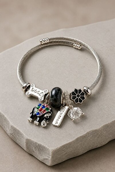 LYKOS Stainless Steel Women's Bracelet with Lucky Elephant Charm - Black Ston...