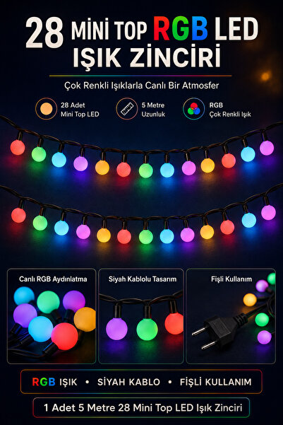 Hane Dostu 5 Metre 28 Mini Top RGB LED Işık Zinciri – Çok Renkli Siyah Kablol...