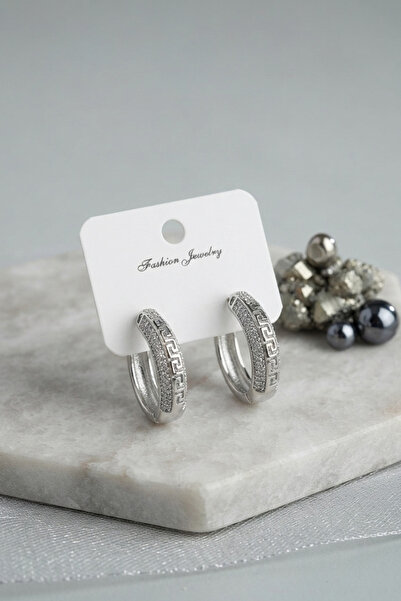 Lisinya Silver Color Zircon Stone and Geometric Motif Brass Hoop Women's Earr...