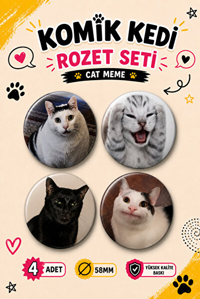 Komik Kedi Rozet Seti 4'lü #2, 58 mm Cat Meme Rozetleri, Çanta ve Kıyafet Rozeti