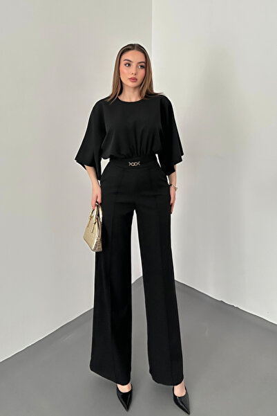LUMU Black bat sleeve jumpsuit with waist drawstring belt accessory