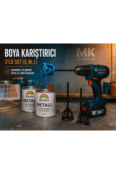 MK DESIGN STUDIO 3’lü Boya Karıştırıcı Seti 75-112-150 mm Şarjlı Matkap Uyuml...
