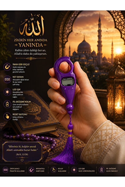 Genel Markalar Dijital Tesbih Zikir Sayacı – Parmak Geçmeli, LED Işıklı, Ekra...