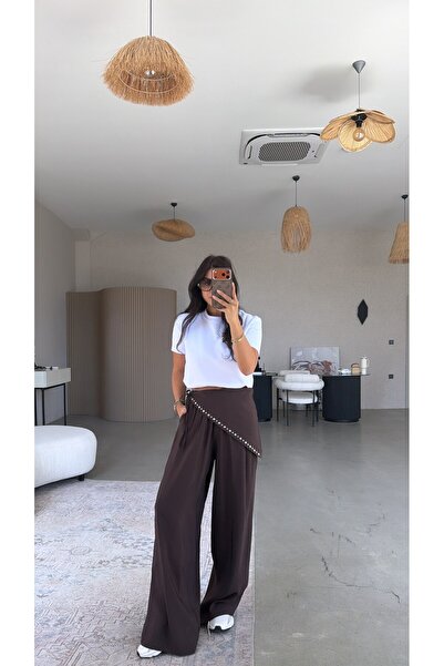 Buket Teke Brown Triangle-Studded Tencel Trousers with Scarf Detail