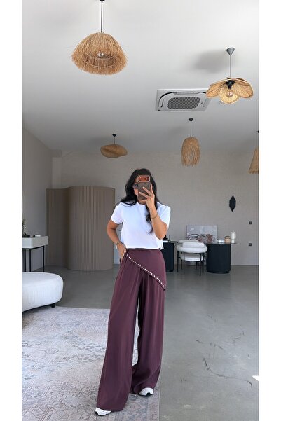 Buket Teke Plum Triangle Studded Tencel Pants with Scarf Detail