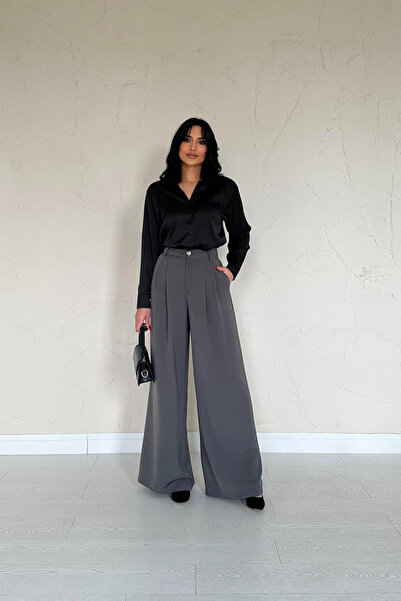 Elbee Fashion Woman Γυναικείο μαύρο σατέν πουκάμισο