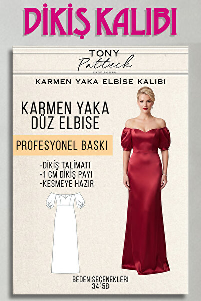 Tony Patteck Karmen Yaka Düz Elbise (EL19)- Hazır Dikiş Kalıbı (34-58 Beden)