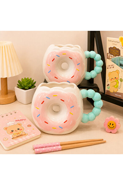 hediyeofisi Hediye Ofisi Pembe Donut 3D Seramik Kupa – Boncuk Saplı Eğlenceli...
