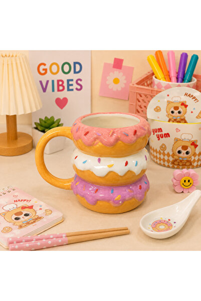 hediyeofisi Hediye Ofisi Donut Stack 3D Seramik Kupa – Renkli Donut Figürlü K...