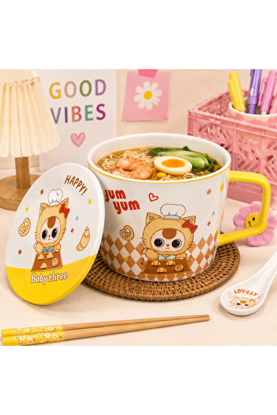 hediyeofisi Hediye Ofisi Yum Yum Büyük Noodle Kasesi – Kapaklı Kaşıklı Serami...