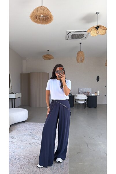 Buket Teke Navy Blue Triangular Studded Tencel Trousers with Scarf Detail