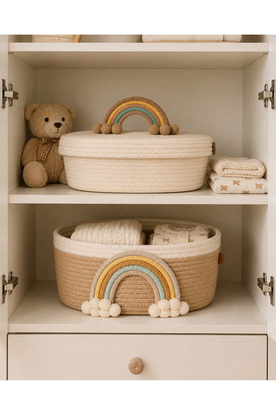 Berçak Home Children's Room Decorative Wicker Basket – Rainbow Detailed Toy a...