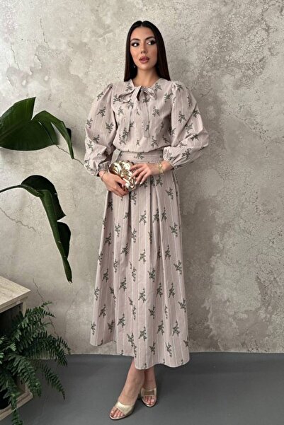 LUMU Mink striped floral blouse and skirt set