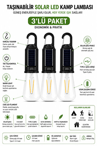 3’lü Solar LED Kamp Lambası Type-C Şarjlı Taşınabilir Askılı Kamp ve Acil Durum Lambası