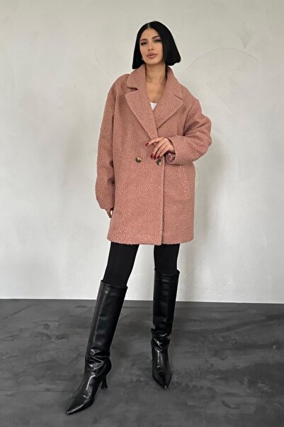 Elbee Fashion Woman Μαλακό παλτό με κουμπιά σε χρώμα πούδρας