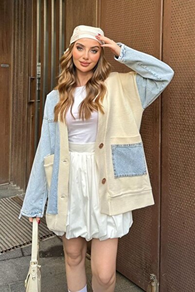 Elbee Fashion Woman Blue Garnished Cardigan