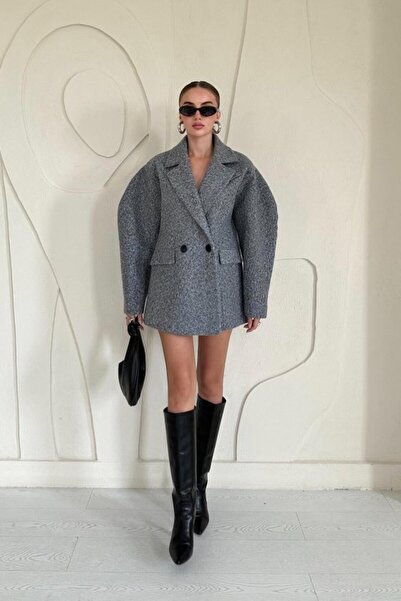 Elbee Fashion Woman Καπνιστό Υπερμεγέθες Παλτό με Δύο Κουμπιά